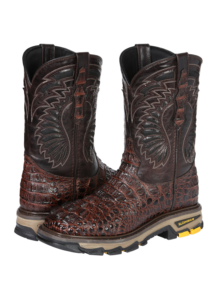 El General Men's Leather Work Boots Embossed Caiman Print Brown 45813