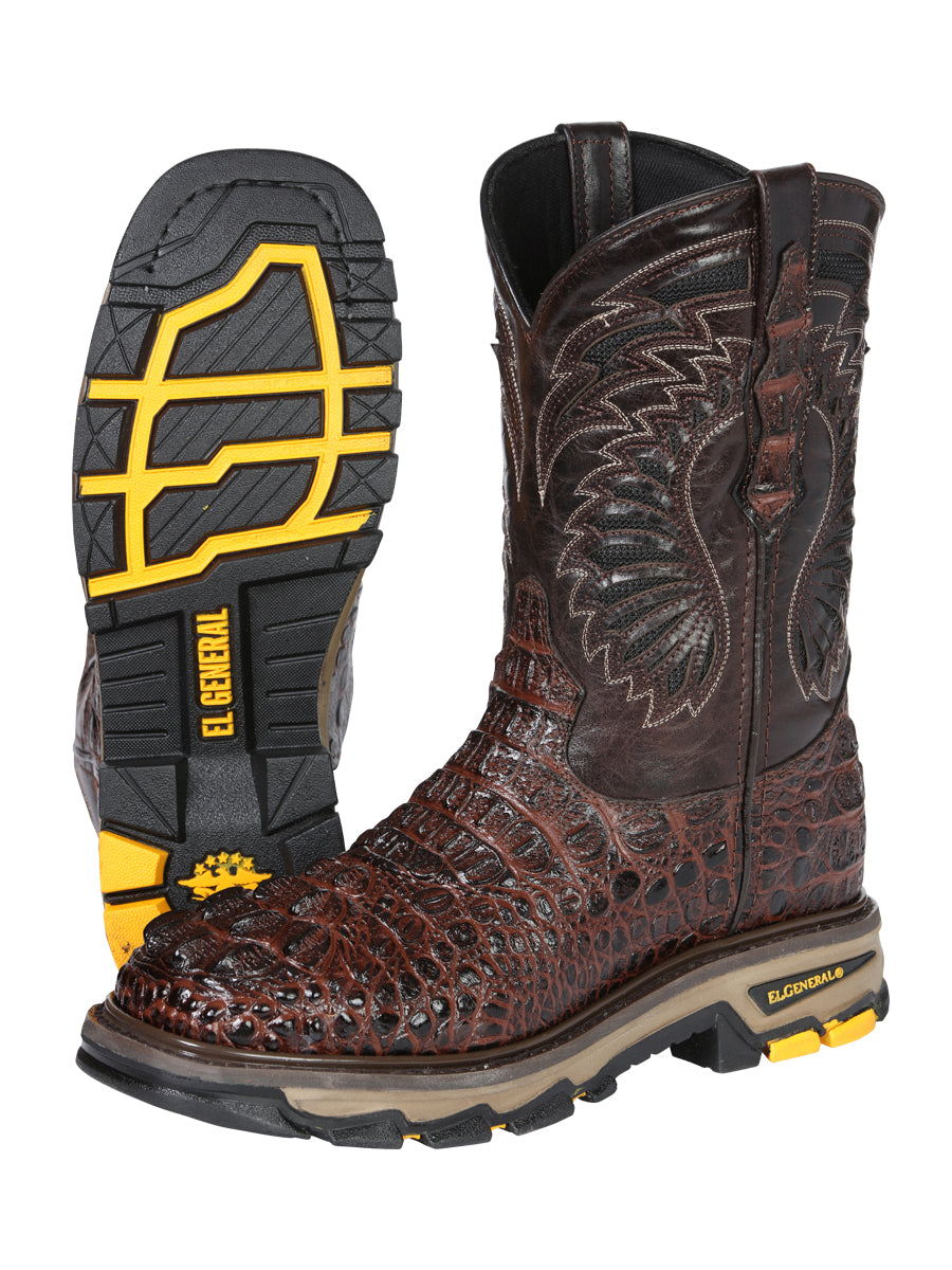 El General Men's Leather Work Boots Embossed Caiman Print Brown 45813