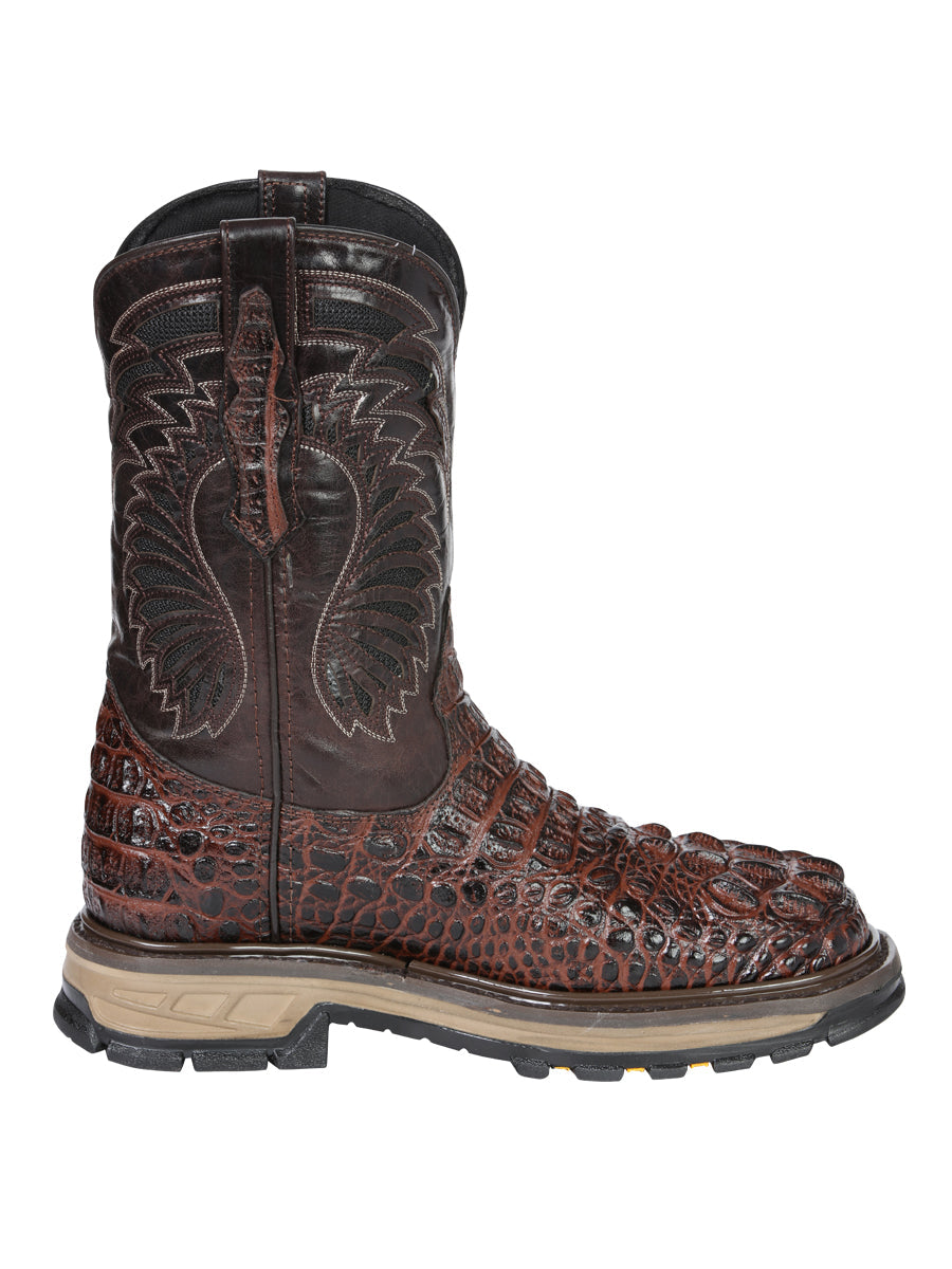 El General Men's Leather Work Boots Embossed Caiman Print Brown 45813