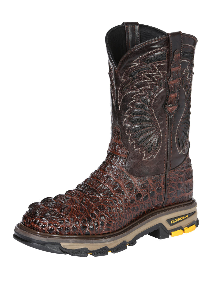 El General Men's Leather Work Boots Embossed Caiman Print Brown 45813