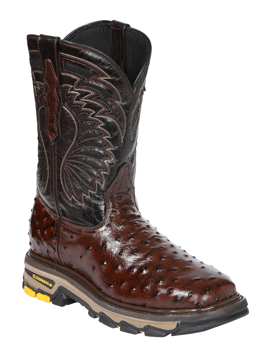 El General Men's Leather Work Boots Embossed Ostrich Print Brown 45814