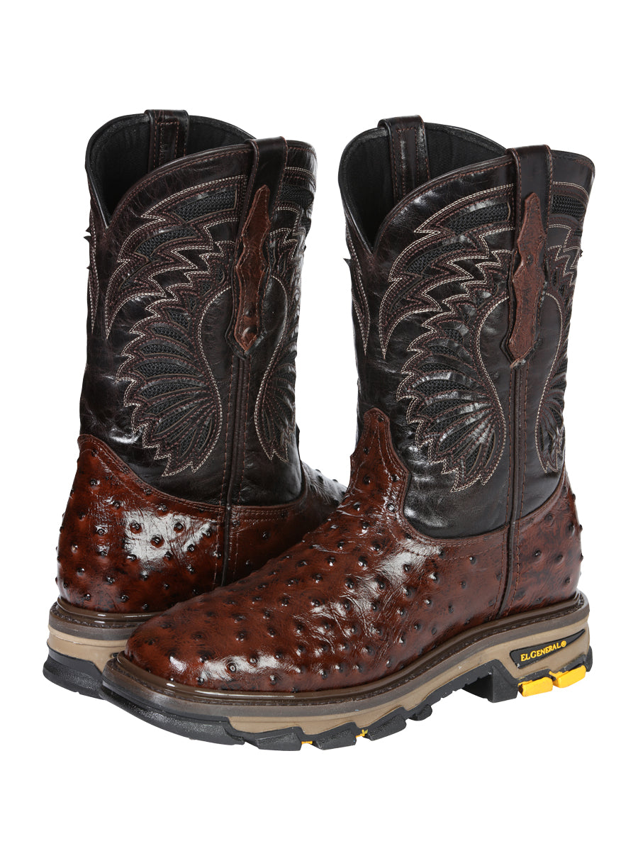 El General Men's Leather Work Boots Embossed Ostrich Print Brown 45814