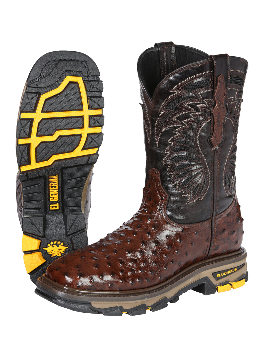 El General Men's Leather Work Boots Embossed Ostrich Print Brown 45814