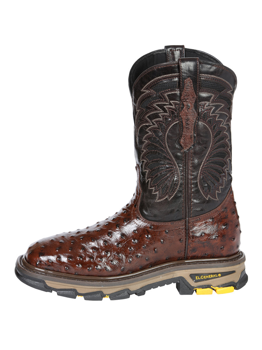 El General Men's Leather Work Boots Embossed Ostrich Print Brown 45814