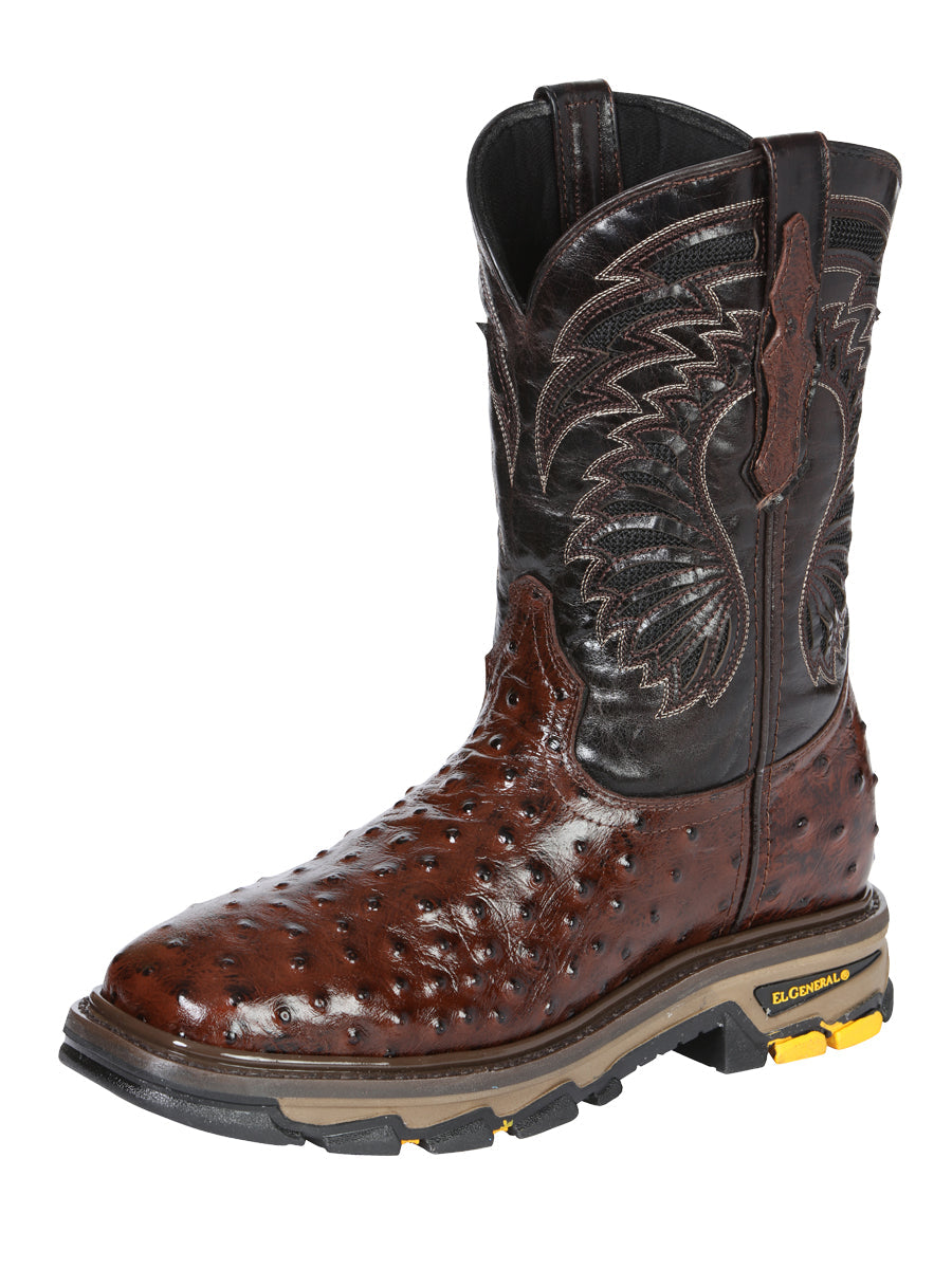 El General Men's Leather Work Boots Embossed Ostrich Print Brown 45814