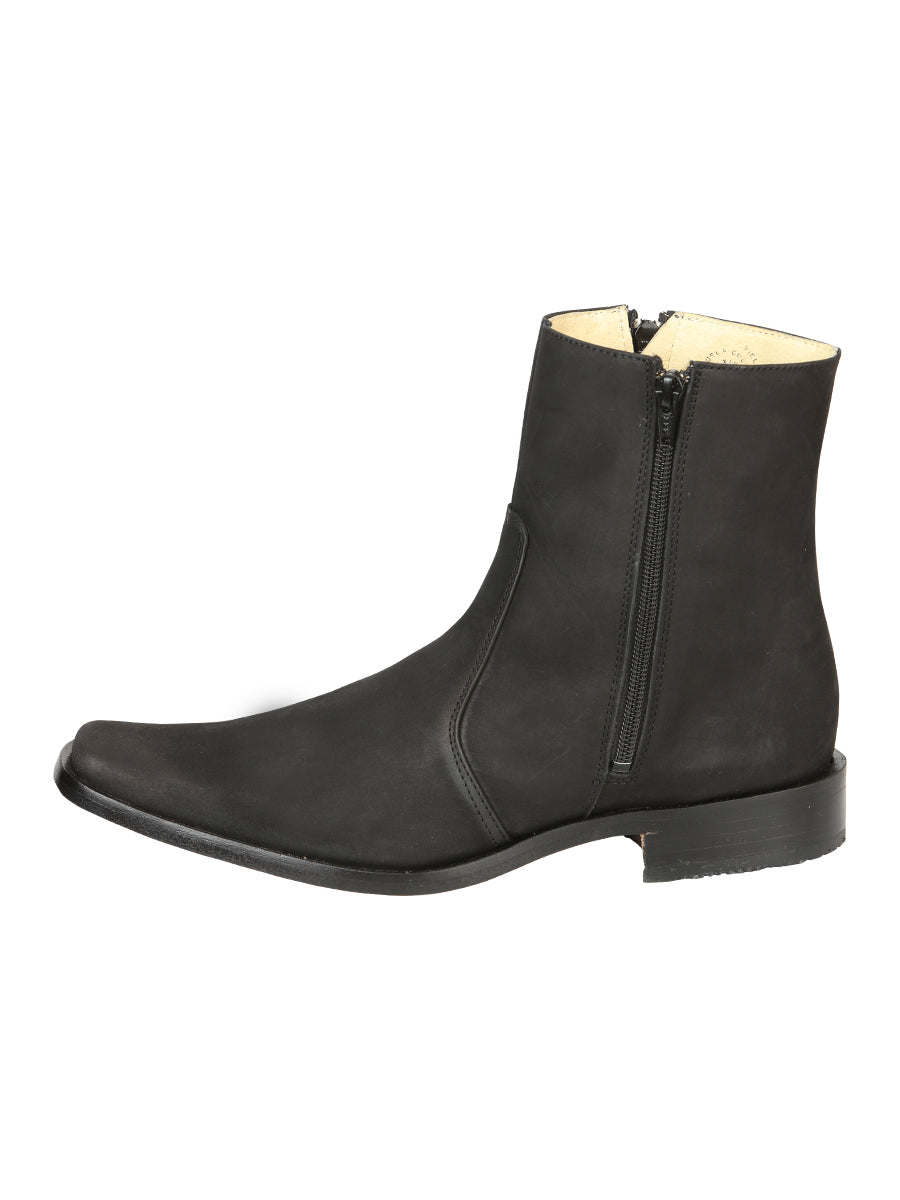 El Besserro Men's Leather Ankle Boot with Double Zipper - Nubuck Black 45831