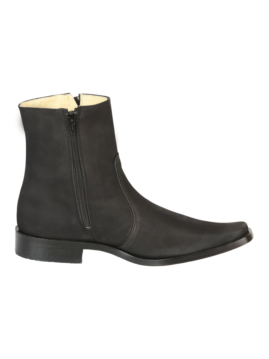 El Besserro Men's Leather Ankle Boot with Double Zipper - Nubuck Black 45831