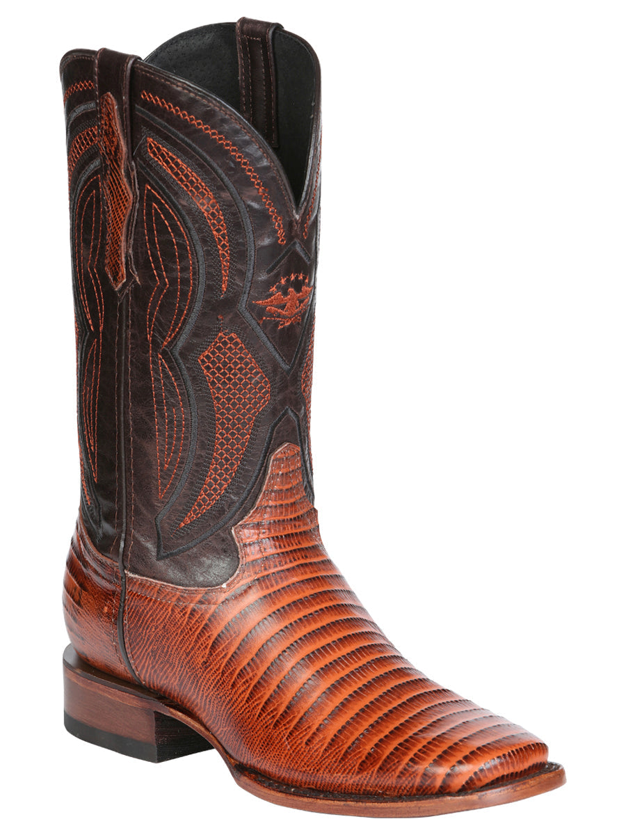El General Men's Leather Cowboy Boot - Embossed Lizard Print - Cognac 45930
