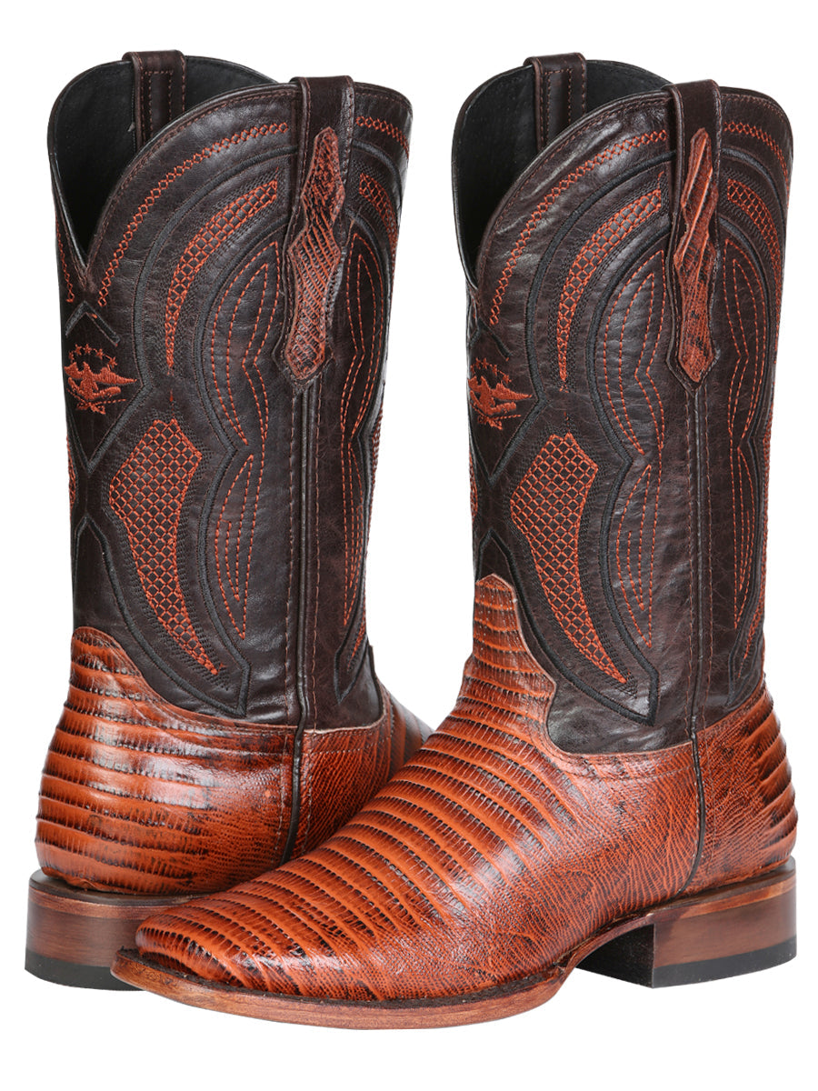 El General Men's Leather Cowboy Boot - Embossed Lizard Print - Cognac 45930