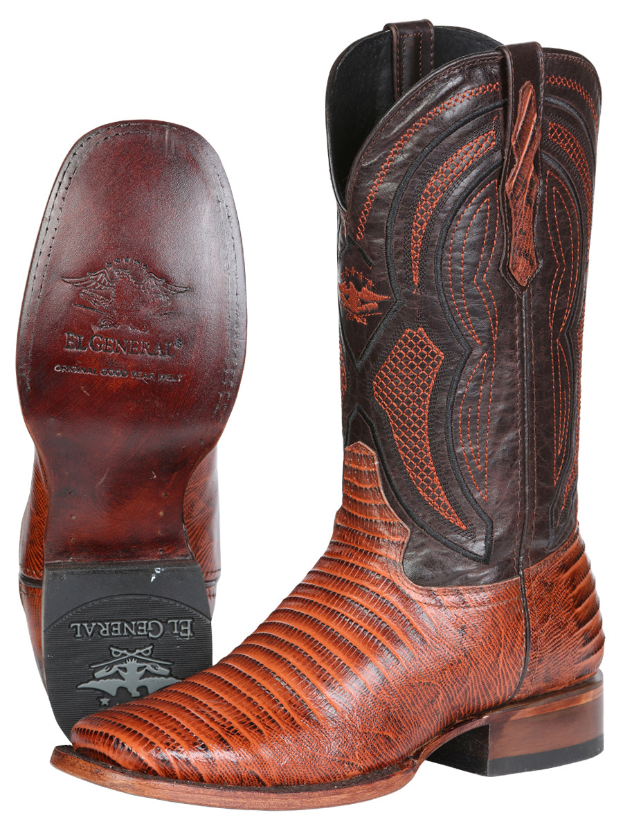 El General Men's Leather Cowboy Boot - Embossed Lizard Print - Cognac 45930