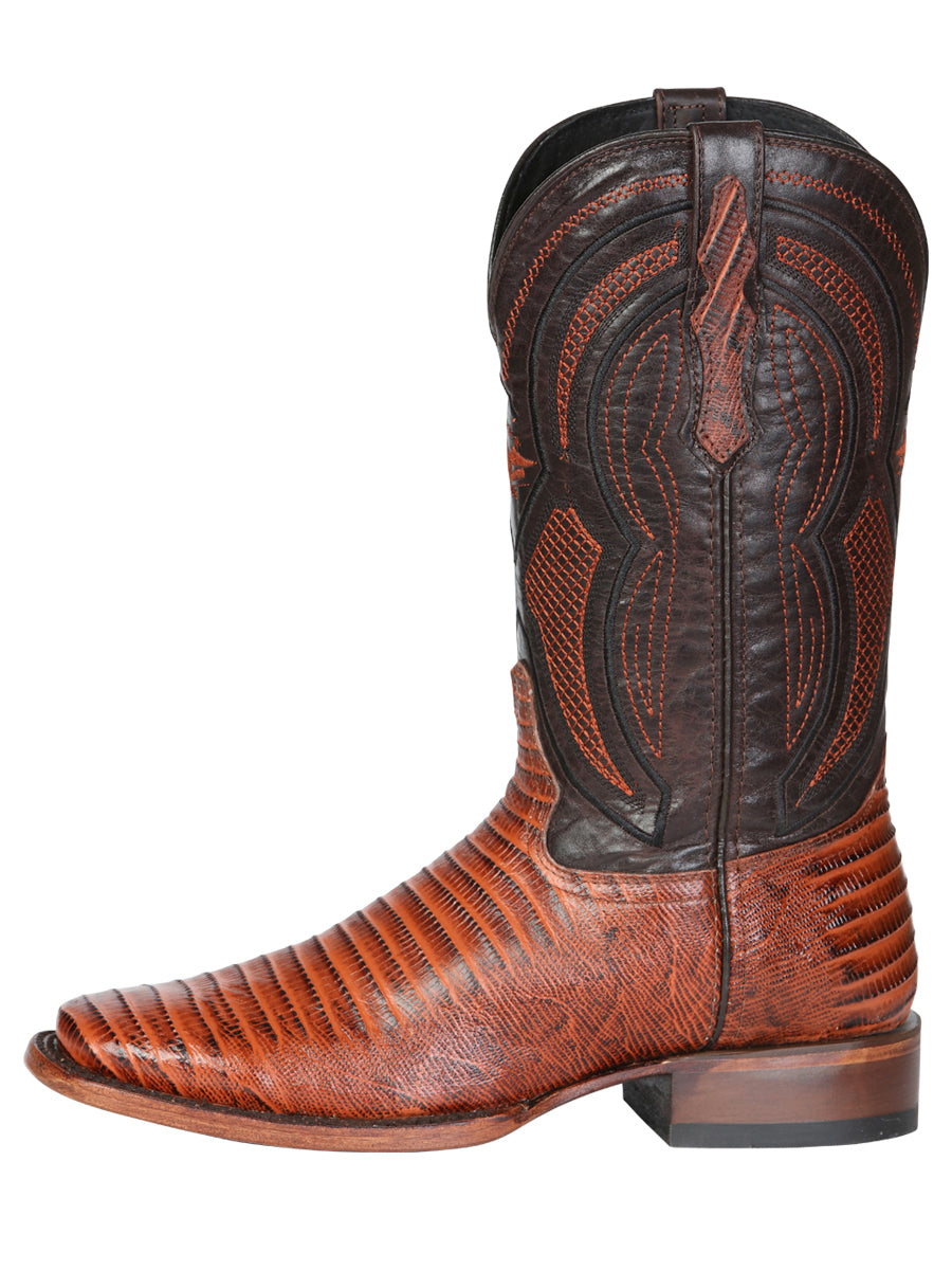 El General Men's Leather Cowboy Boot - Embossed Lizard Print - Cognac 45930