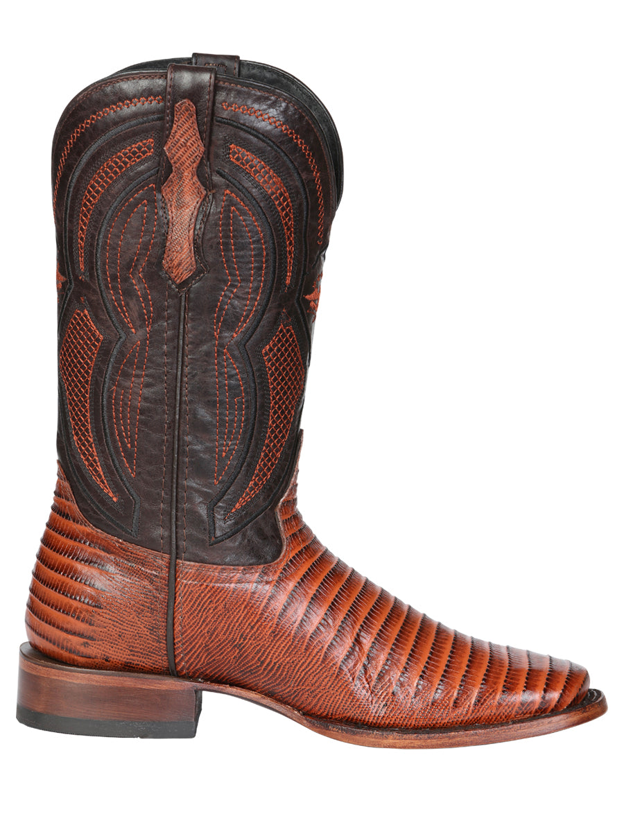 El General Men's Leather Cowboy Boot - Embossed Lizard Print - Cognac 45930