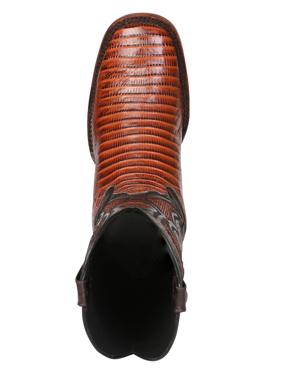 El General Men's Leather Cowboy Boot - Embossed Lizard Print - Cognac 45930