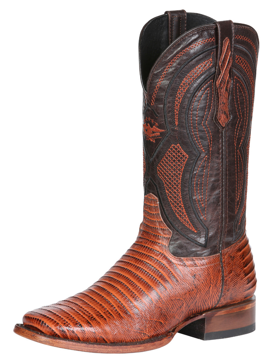 El General Men's Leather Cowboy Boot - Embossed Lizard Print - Cognac 45930