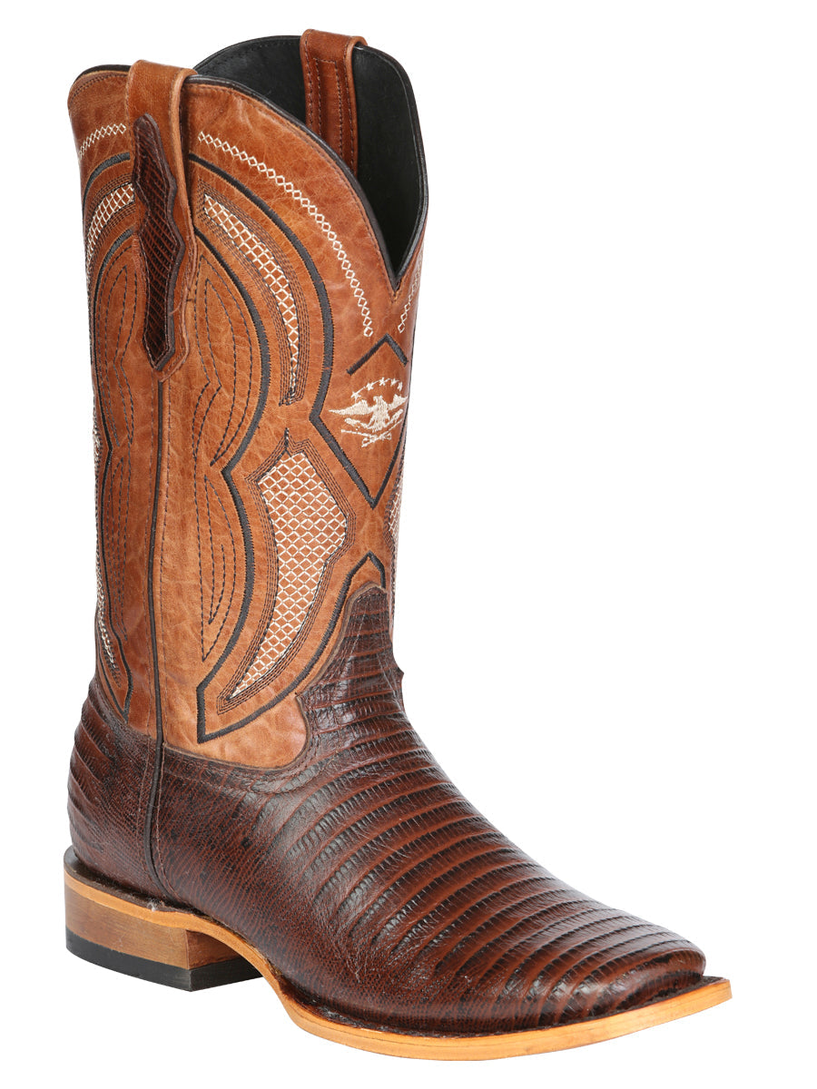 El General Men's Leather Cowboy Boot - Embossed Lizard Print - Brown 45931
