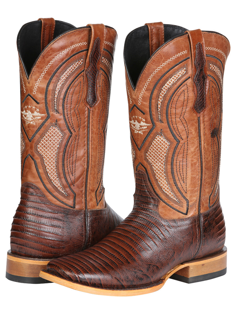 El General Men's Leather Cowboy Boot - Embossed Lizard Print - Brown 45931
