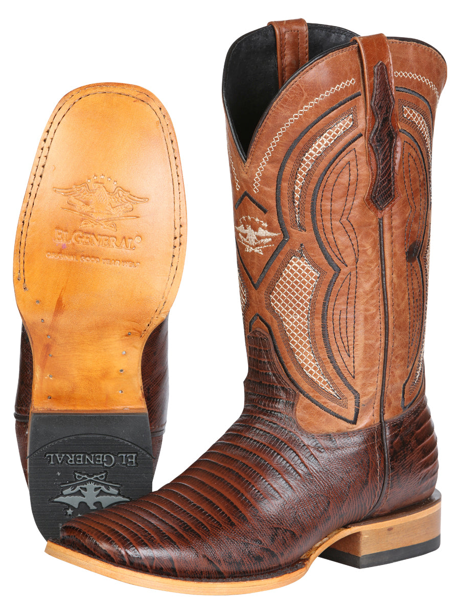 El General Men's Leather Cowboy Boot - Embossed Lizard Print - Brown 45931