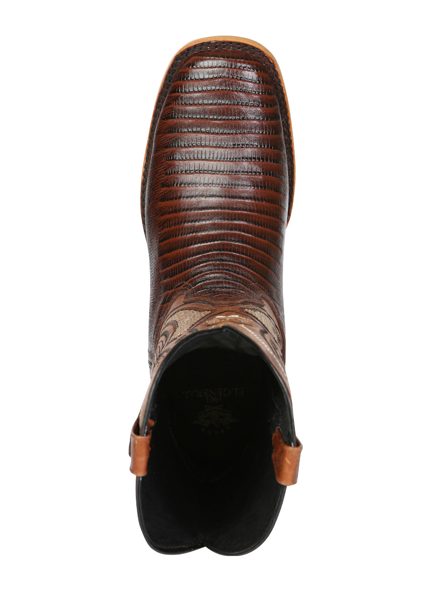 El General Men's Leather Cowboy Boot - Embossed Lizard Print - Brown 45931