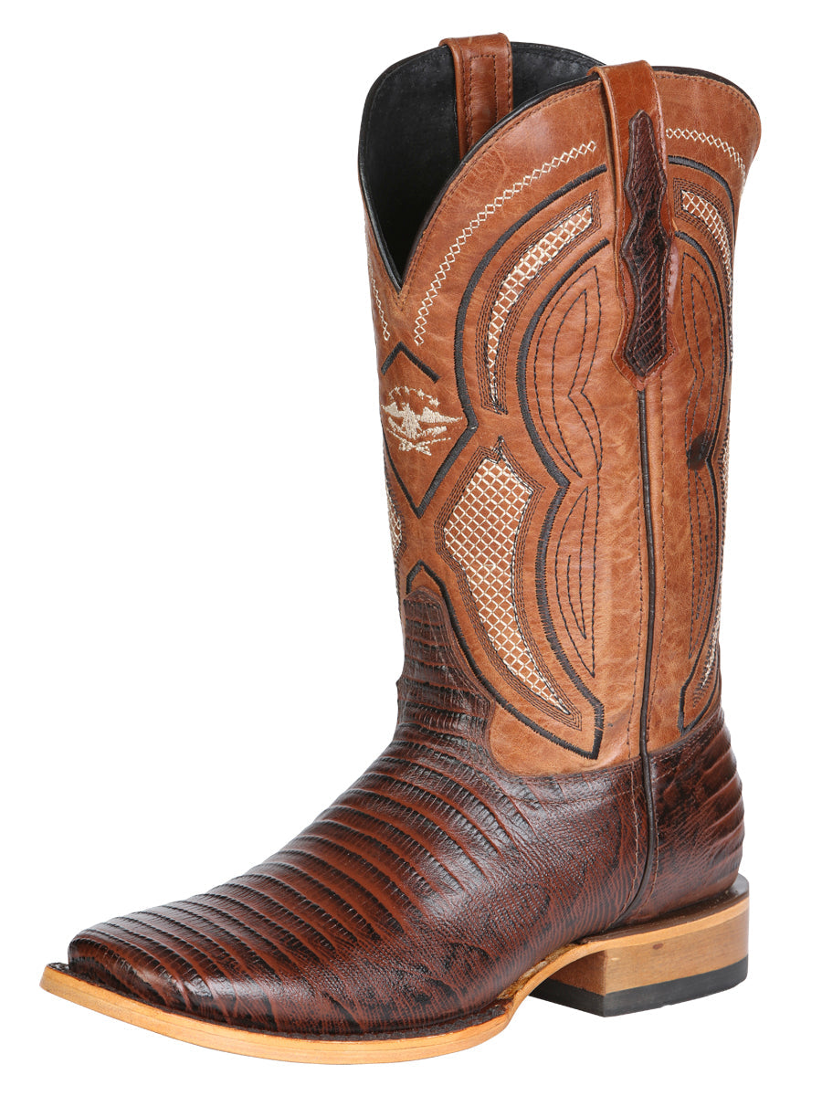 El General Men's Leather Cowboy Boot - Embossed Lizard Print - Brown 45931
