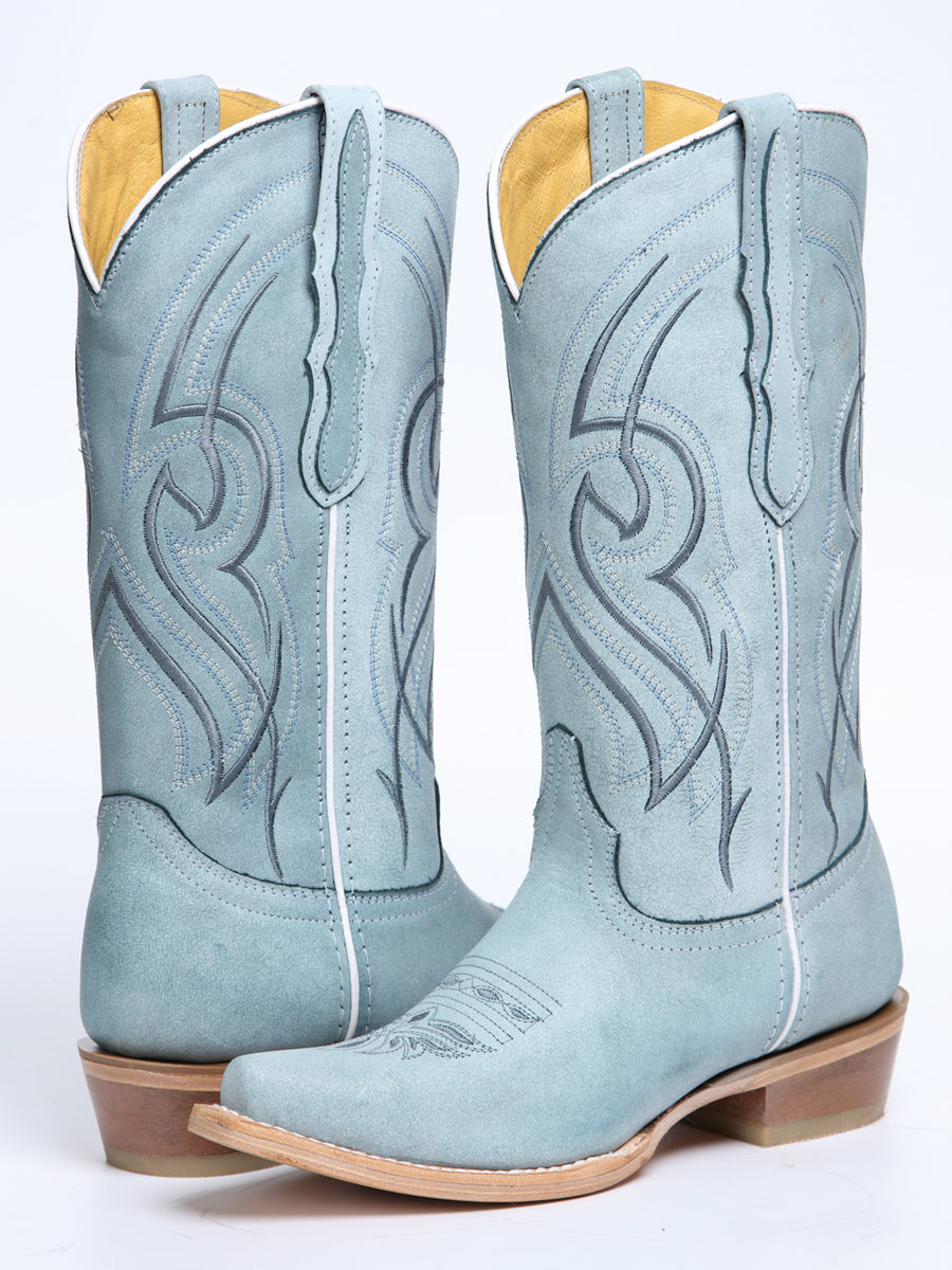 El General Women's Snip Toe Leather Cowboy Boot - Made in Mexico - Sky Blue 45934
