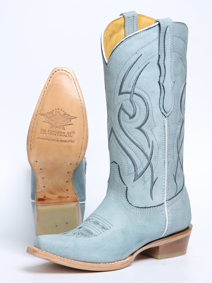El General Women's Snip Toe Leather Cowboy Boot - Made in Mexico - Sky Blue 45934