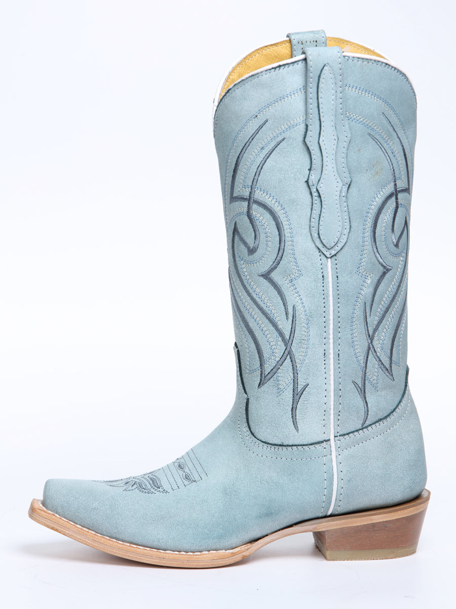 El General Women's Snip Toe Leather Cowboy Boot - Made in Mexico - Sky Blue 45934