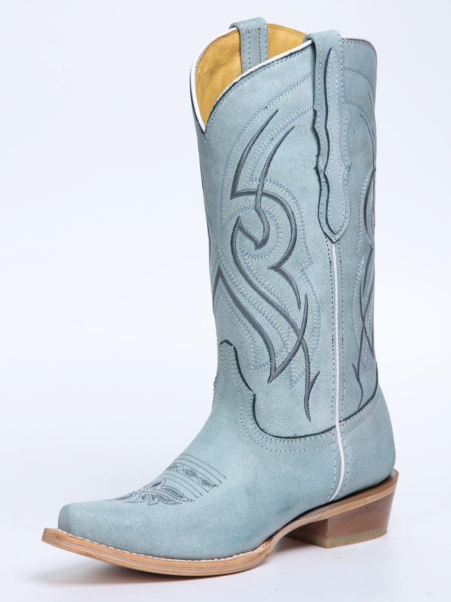 El General Women's Snip Toe Leather Cowboy Boot - Made in Mexico - Sky Blue 45934