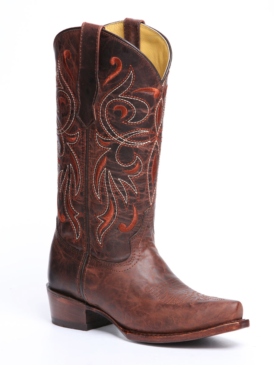 El General Women's Leather Cowgirl Boot - Made in Mexico - Timber Cognac Brown 45936