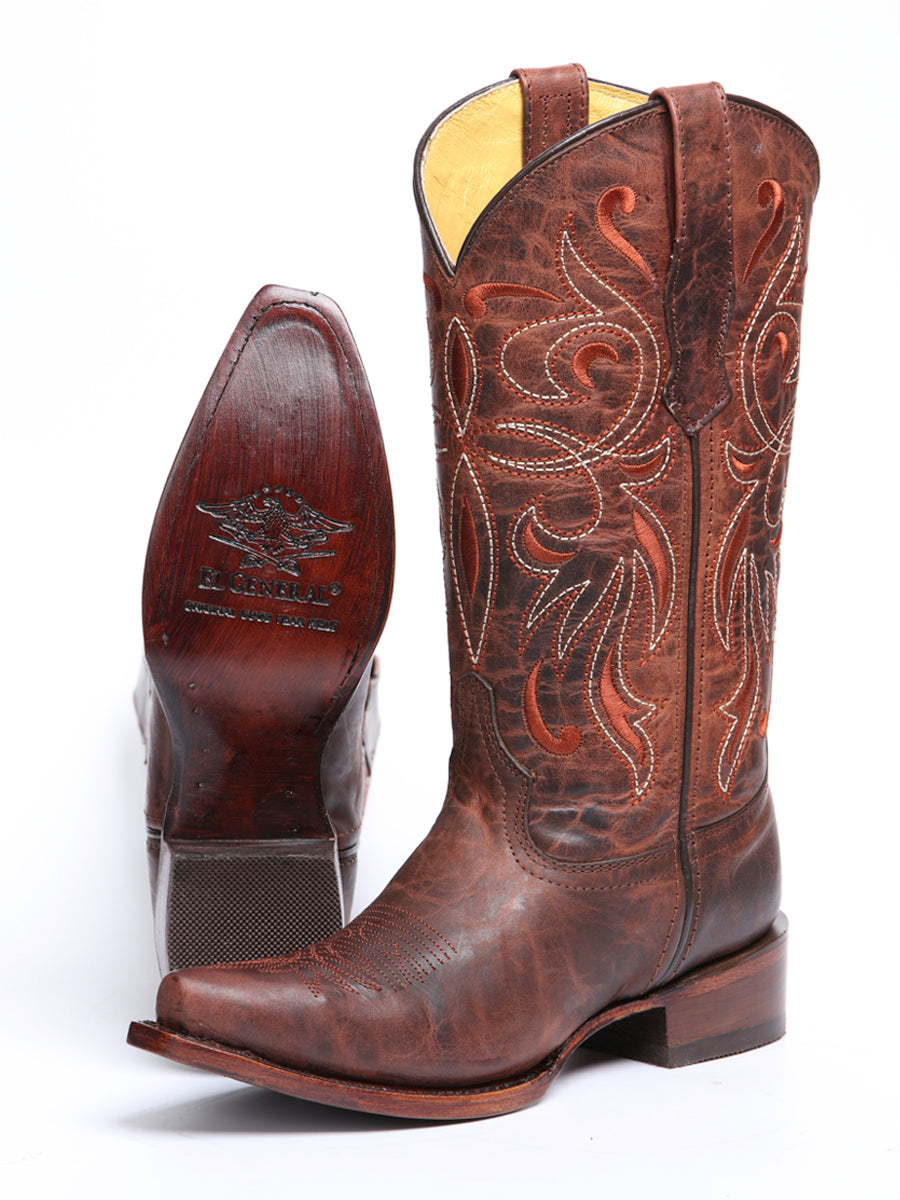 El General Women's Leather Cowgirl Boot - Made in Mexico - Timber Cognac Brown 45936