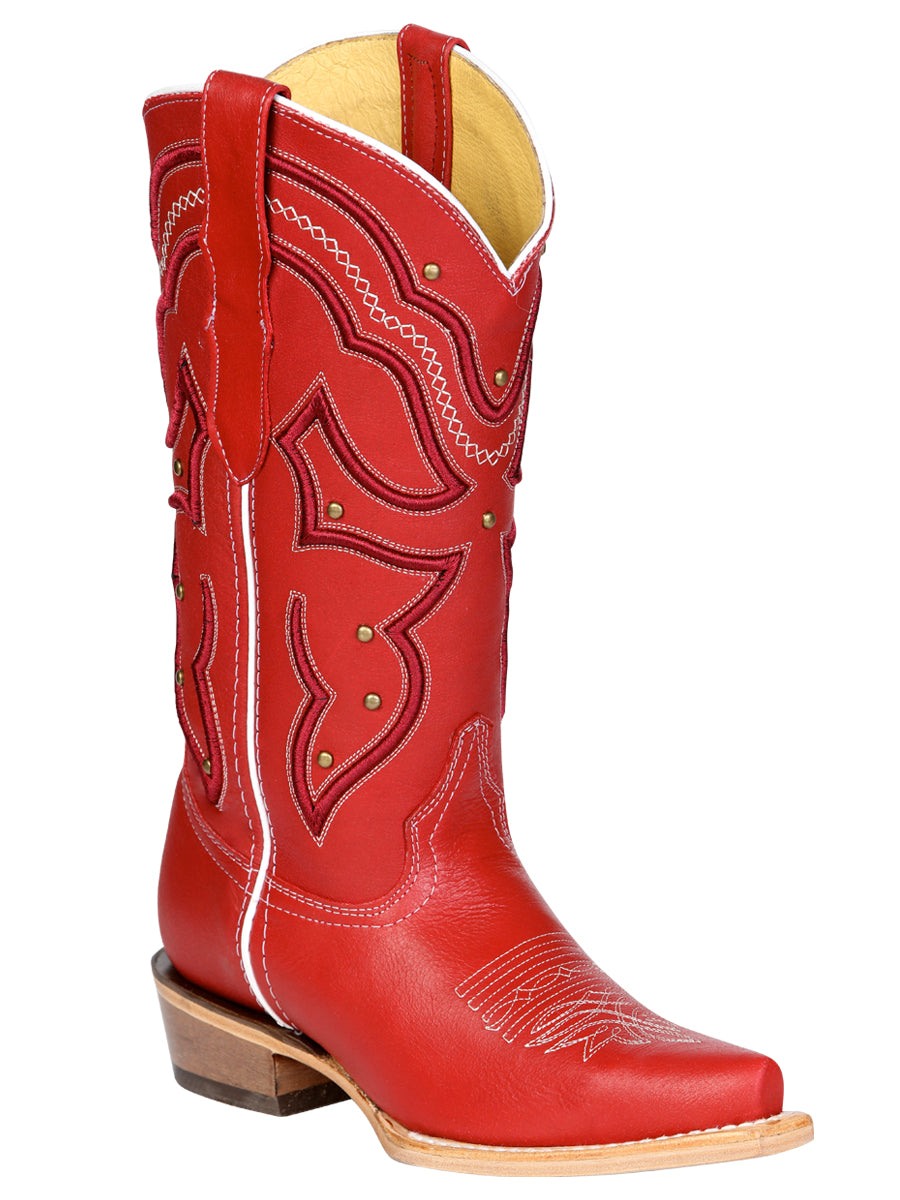 El General Women's Snip Toe Leather Cowboy Boot - Made in Mexico - Red 45937