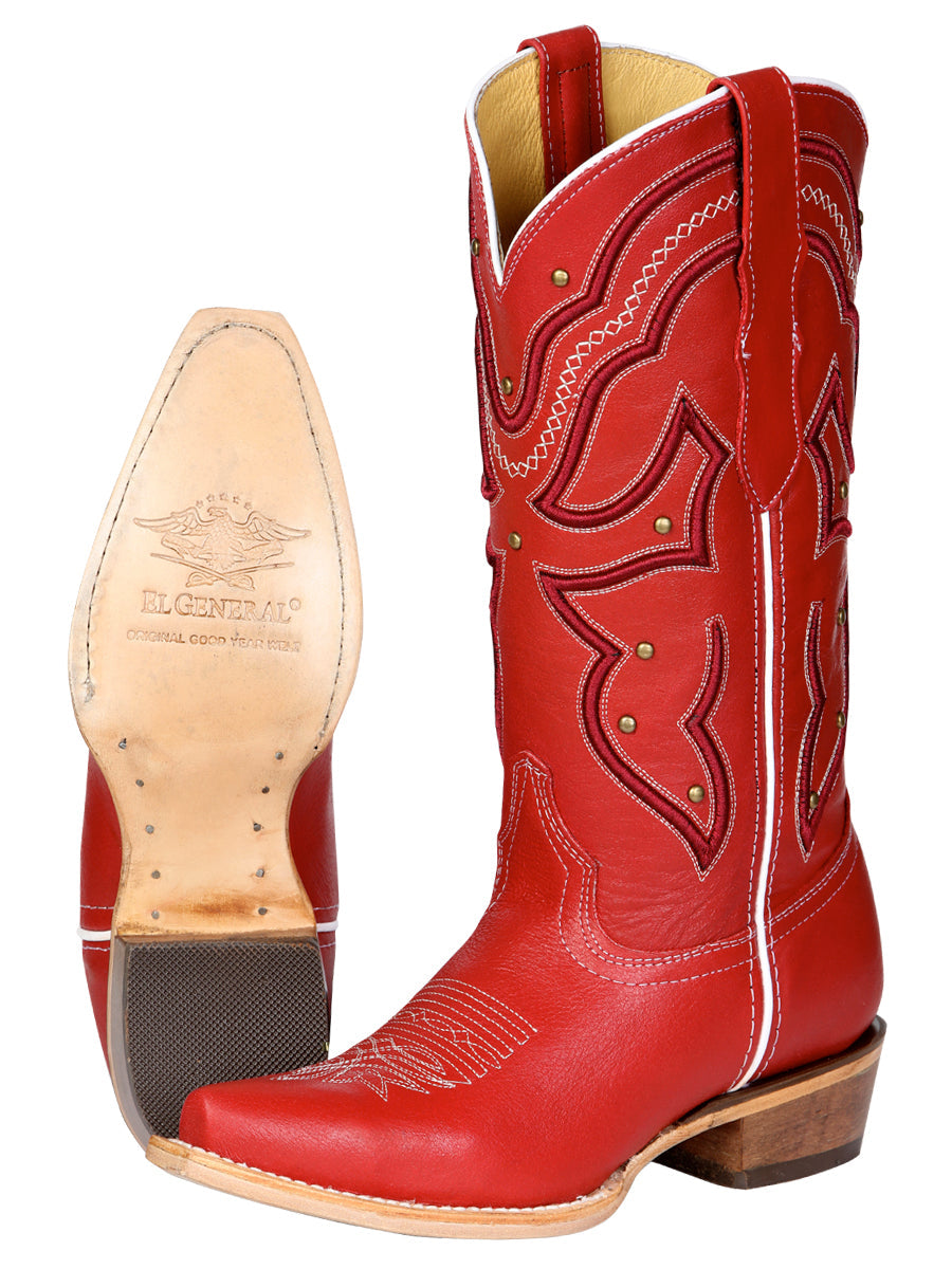 El General Women's Snip Toe Leather Cowboy Boot - Made in Mexico - Red 45937