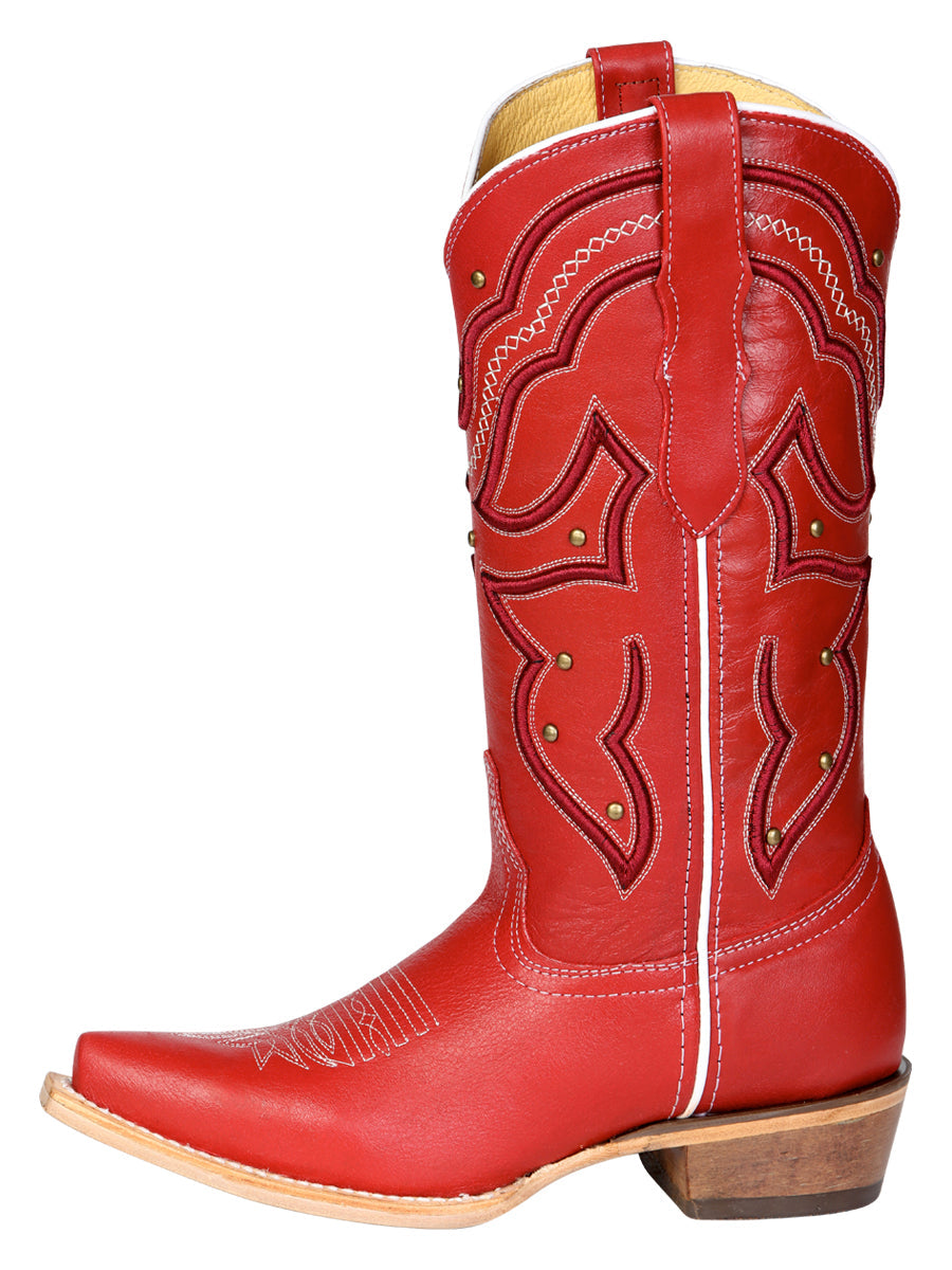 El General Women's Snip Toe Leather Cowboy Boot - Made in Mexico - Red 45937