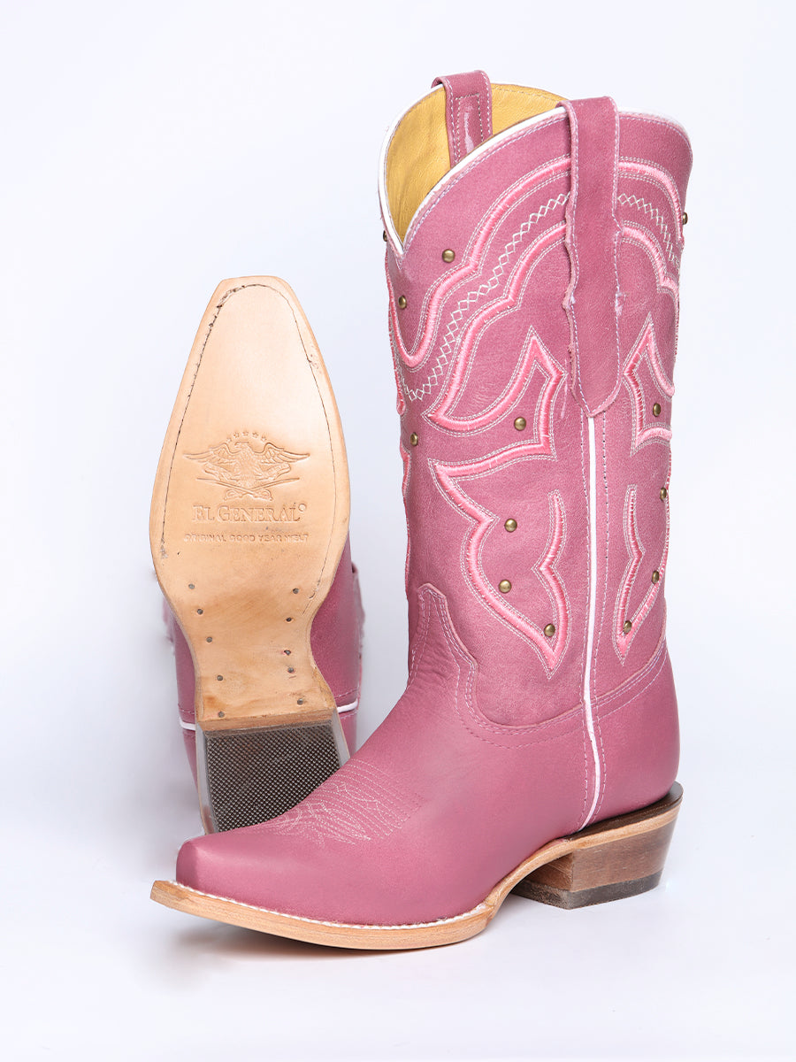 El General Women's Snip Toe Leather Cowboy Boot - Made in Mexico - Pink 45938