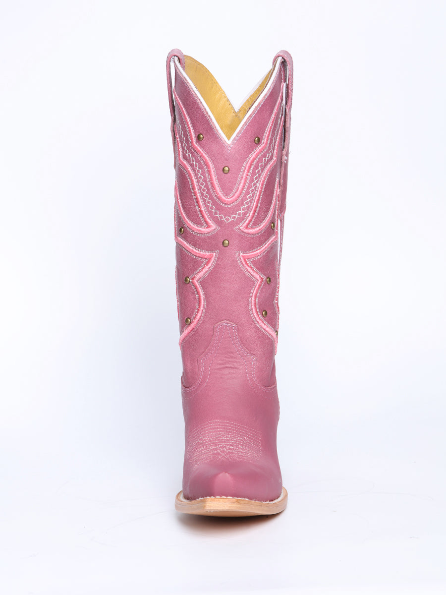 El General Women's Snip Toe Leather Cowboy Boot - Made in Mexico - Pink 45938