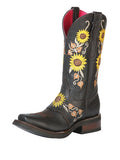 El General Women's Leather Western Cowboy Boot - Dark Brown/Sunflowers 51149