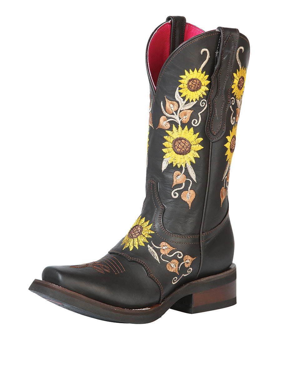 El General Women's Leather Western Cowboy Boot - Dark Brown/Sunflowers 51149