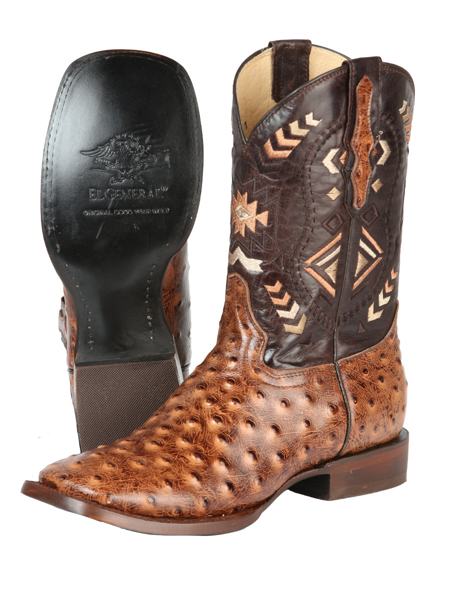 El General Men's Leather Cowboy Boot - Ostrich Print - Shedron 51239