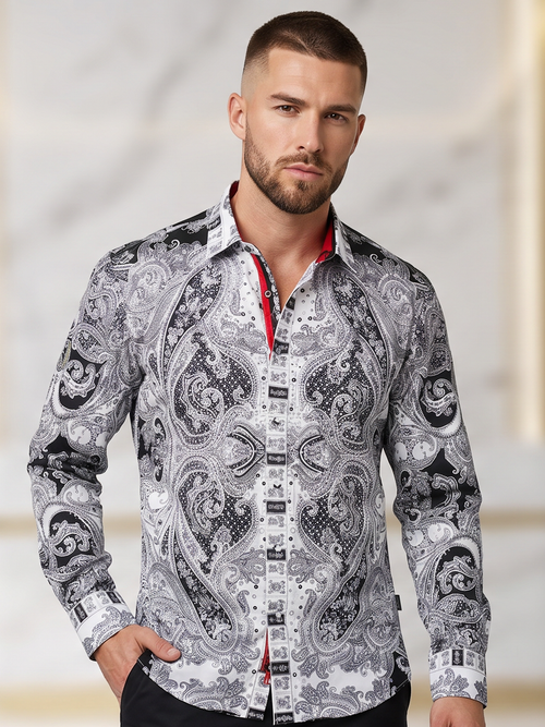 BARABAS Luxury Statement Shirt BSSPR10 White – SLIM FIT Stretch Rhinestone-Print