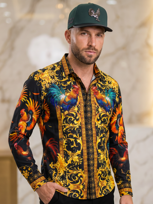 BARABAS Luxury Statement Shirt BS5SPR10 Black – SLIM FIT Stretch Rhinestone-Print