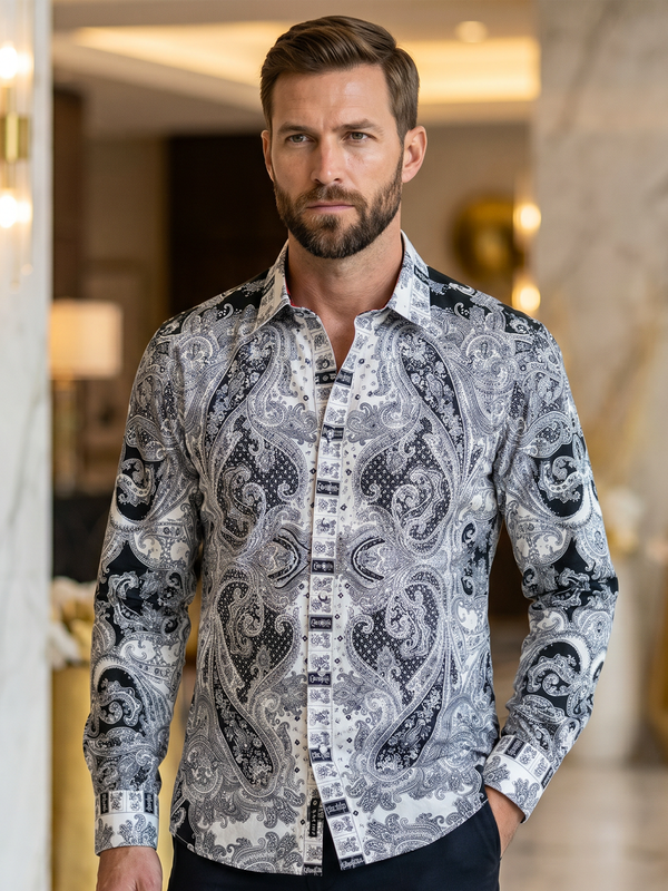 BARABAS Luxury Statement Shirt BSSPR10 White – SLIM FIT Stretch Rhinestone-Print