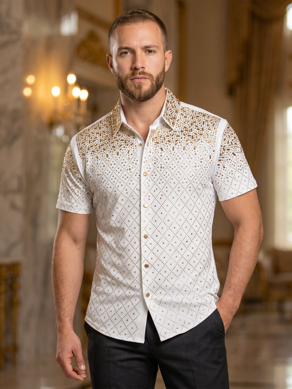 BARABAS Premium Rhinestone Shirt 5SST20 White/Gold – Luxury Fit Button Up