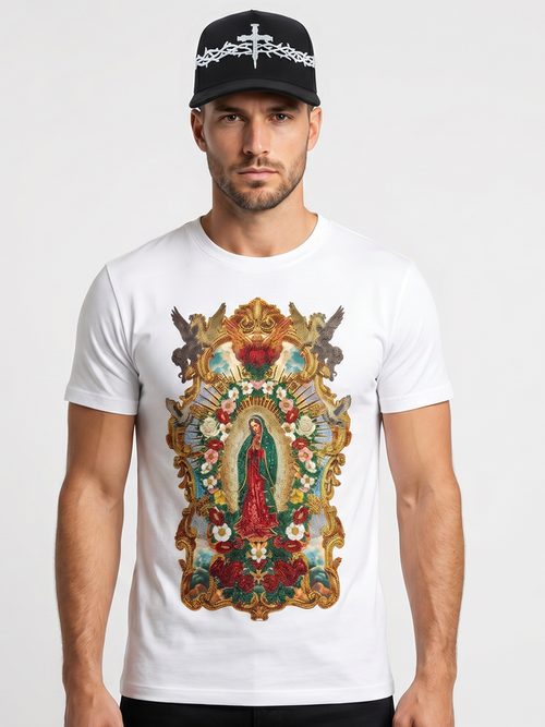 BARABAS Premium La Virgen BS6TR01 White Rhinestone T-Shirt
