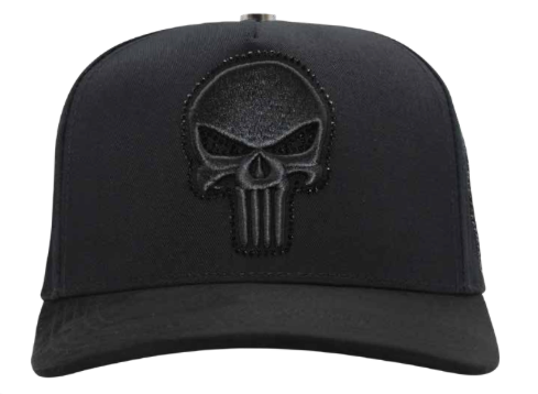 A black structured baseball cap featuring an all-black embroidered Punisher skull logo on the front, set against a plain white background.