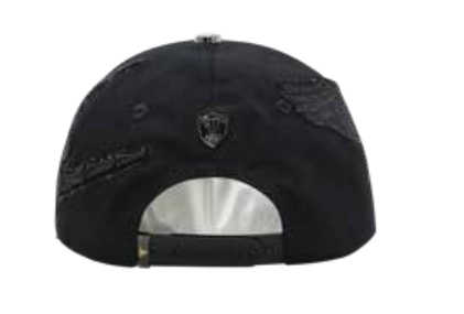 Black baseball cap shown from the back, featuring distressed details, a small shield logo on the center, and a silver-toned metal snap closure.
