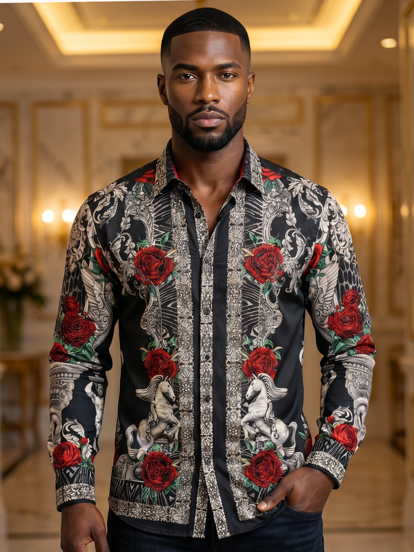 BARABAS Luxury Statement Shirt BS3SPR418 Black – SLIM FIT Stretch Rhinestone-Print