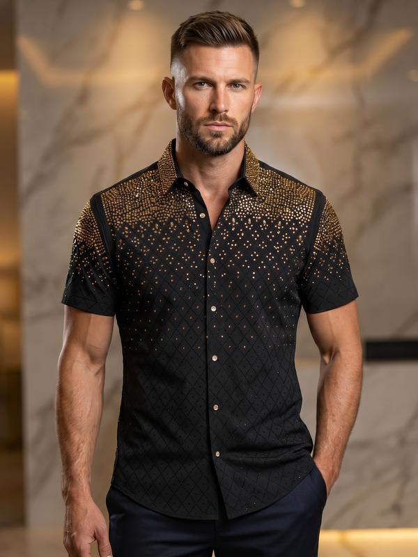 BARABAS Premium Rhinestone Shirt 5SST20 Black/Gold – Luxury Fit Button Up