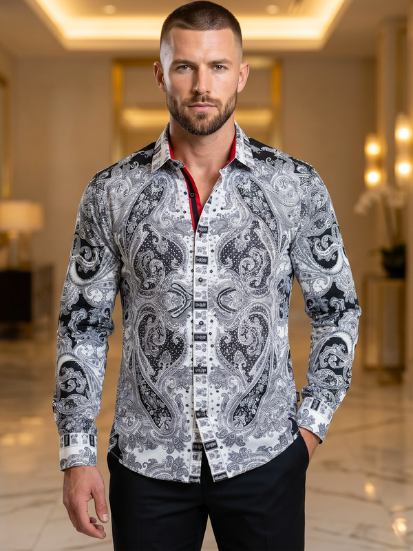 BARABAS Luxury Statement Shirt BSSPR10 White – SLIM FIT Stretch Rhinestone-Print