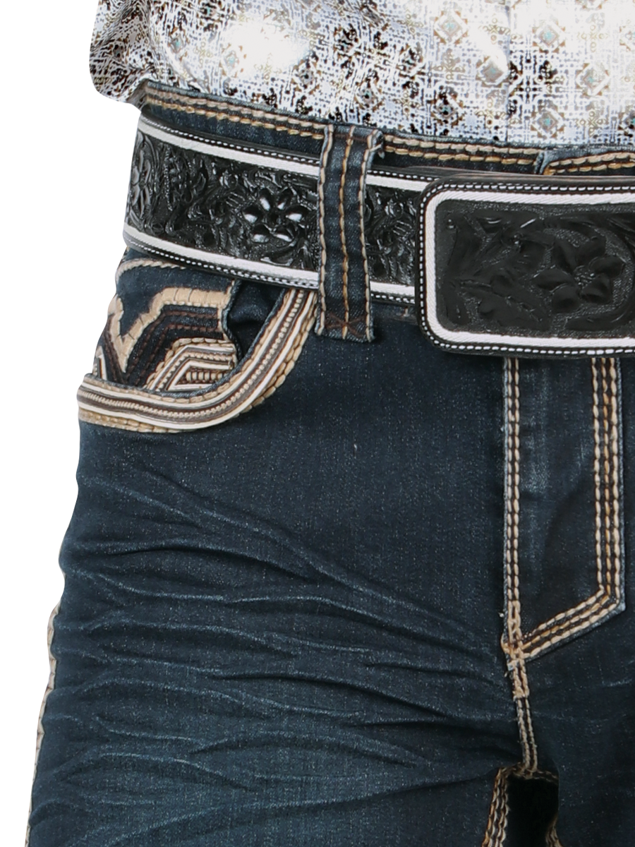 LM26502 Dark Blue Denim Pants – Straight Cut with High Contrast Embroidery