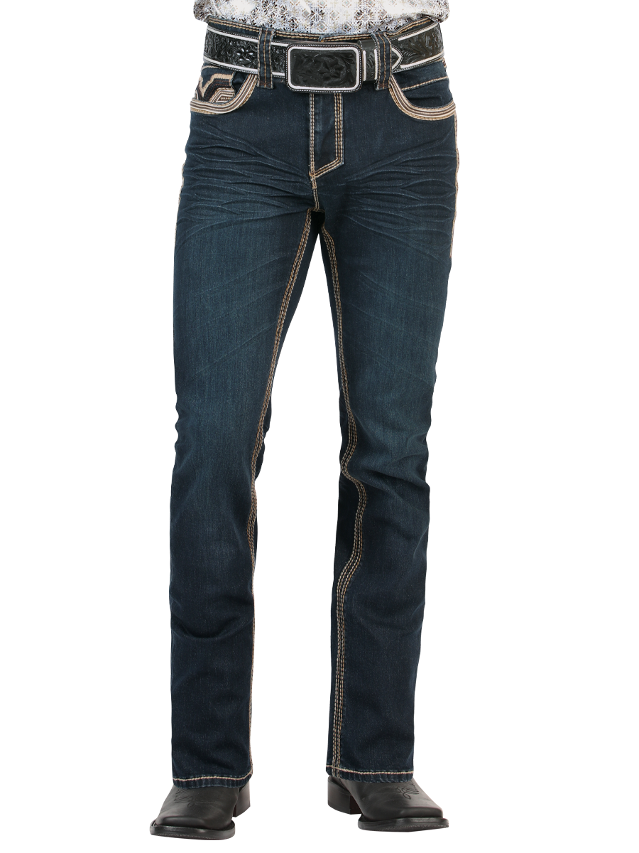 LM26502 Dark Blue Denim Pants – Straight Cut with High Contrast Embroidery