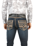 LM26502 Dark Blue Denim Pants – Straight Cut with High Contrast Embroidery